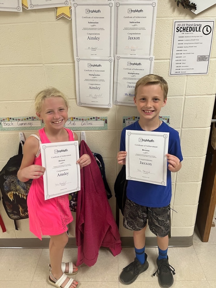 Two of Ms. Bosold's 3rd Graders passed Division and finished Xtra Math Facts on the same day!!! 